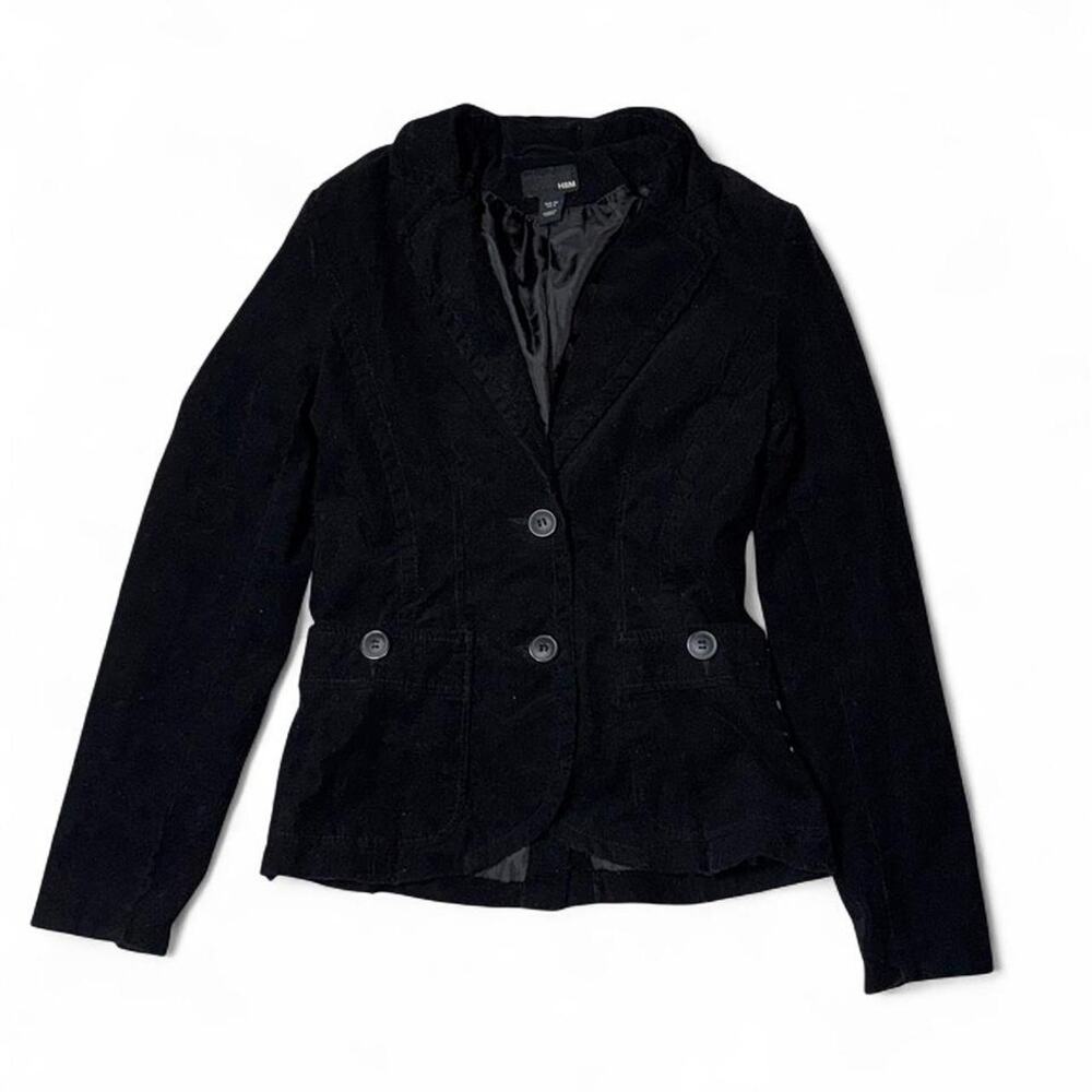 H&M Black Corduroy Fitted Blazer Jacket Utility Pocket US 6